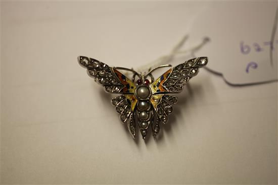 A gold and platinum, rose cut diamond, graduated split pearl and enamel butterfly brooch, 1.5in.